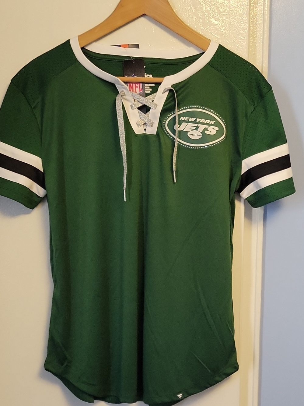 NFL New York Jets Girls' Green Lace-Up Short Sleeve Top